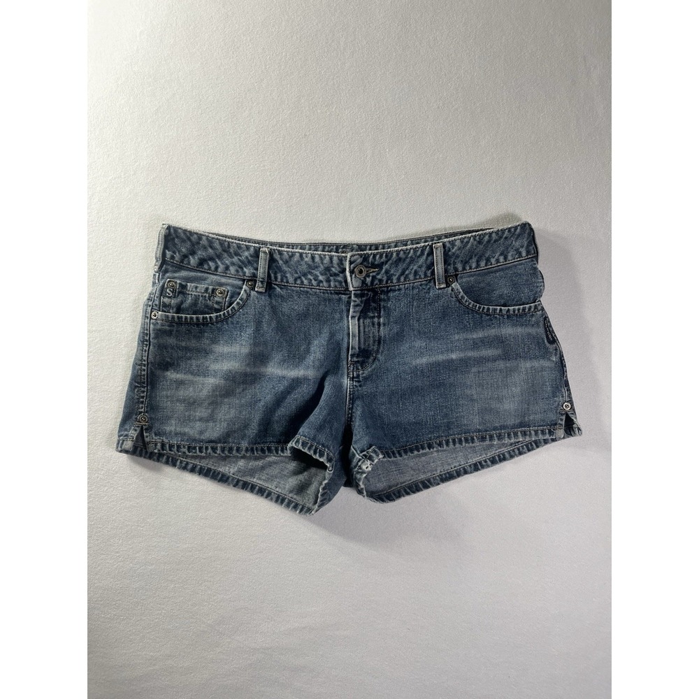 VTG Womens Silver Jeans Co Denim Shorts 36 Y2K Side Slit Leather Name Plate Back